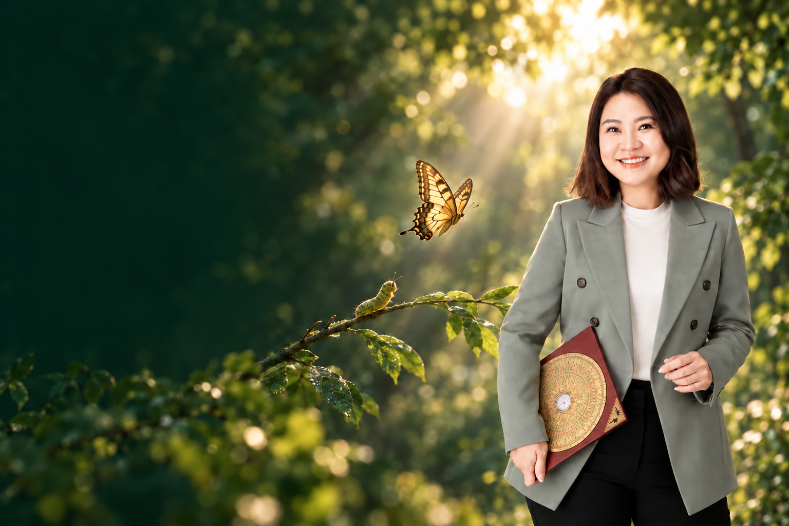 Joan Fong 手持罗盘，森林暖光中的毛毛虫与蝴蝶象征成长蜕变