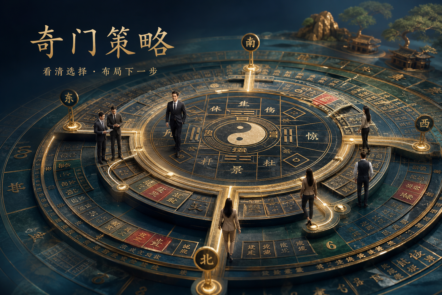奇门策略:看清选择,布局下一步。蓝金色奇门罗盘上的人物沿不同方向探索。